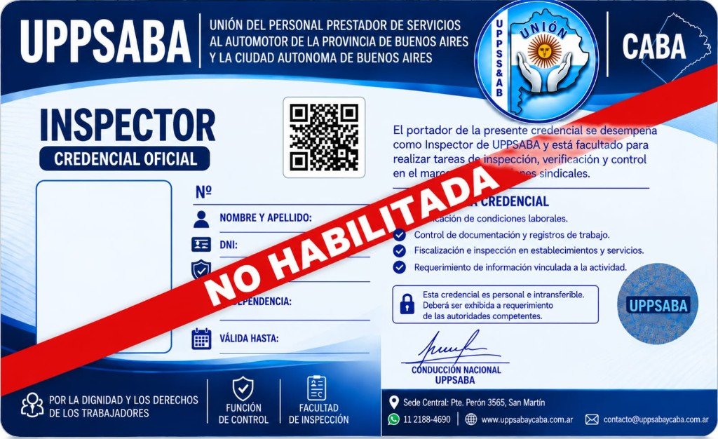 Modelo de credencial oficial de inspector UPPSABA y CABA con código QR y teléfono de verificación